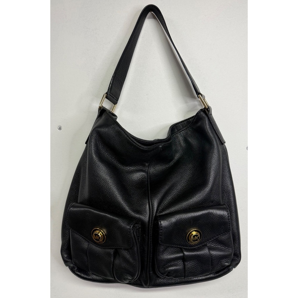 Michael Kors Black Pebbled Leather Hobo Shoulder Bag Gold Hardware MK Pocket